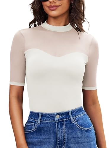 EASYGALA WOMEN DOUBLE LINED MESH TOPS MOCK NECK SHORT SLEEVE SHIRT SEXY SHEER TEES WHITE MEDIUM