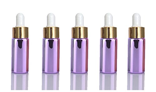 10 Sets Lavender 5ml UV Coated Glass Dropper Bottles Grand Parfums Refillable Medicine Dropper Bottles with Gold Caps and White Bulb Glass Pipette for Essential Oil, Serums,