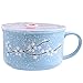 Whitenesser Asian Porcelain Noodle Bowls with Lid Japanese Style Microwavable Ceramic Ramen Bowl with Lid (Blue)