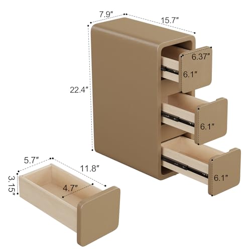AQIMUELE Slim Bedside Table with 3 Drawers No Installation Leather Surface for Bedroom Living Room Width 20cm (Khaki)