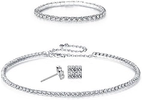 FANCY LOVE Circle Crystal Rhinestone Bridal Necklace Earrings and Bracelet Jewelry Sets (1 row silver)