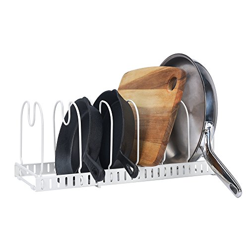 Expandable Cookware Organizer Rack, Store 7+ Kitchen Pans and Pots, White, Extended to 22.5", Total 7 Adjustable Compartments, Cabinet Pantry Cupboard Bakeware Plate Holder Storage Solution - Thumbnail 7