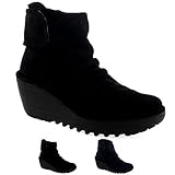 Womens Fly London Yegi Wedge Heel Grey Shoes Velcro Oil Suede Ankle Boot