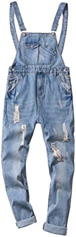 Sokotoo Men's Ankle Length Light Blue Ripped Denim Crop Bib Overalls