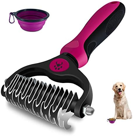 SORADD Dematting Dog Undercoat Rake, Double Sided Shedding, Dog Grooming Brush, Tangles Removing, Shedding Comb, Extra Wide (Gift Bonus a Folding Pet Bowl)
