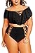 Kisscynest Women's Plus Size Swimwear 2 Piece High Waisted Swimsuit Ruffle Bikini Black 3XL