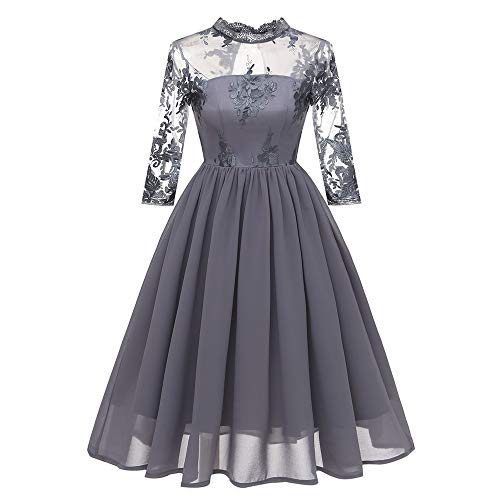 Dresses for Women Vintage Scoop Neck Floral Lace 3/4 Sleeve A-line Pleated Wing Cocktail Dress (M, Gray6)