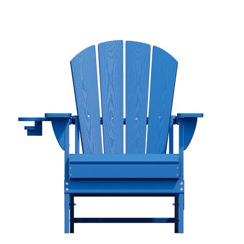 Patio Kingdom Folding Adirondack Chairs with Cup Holders, Set of 6 HDPE Plastic Outdoor Chairs, Weather Resistant, Real Wood Look, Heavy-Duty Patio Furniture for Deck, Fire Pit, Backyard, Blue