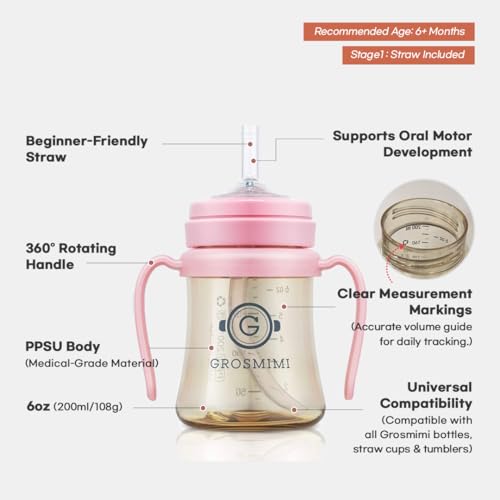 GROSMIMI Spill Proof Magic Sippy Cup with Straw and Handle for Baby and Toddlers, Anti Colic Aventable, Customizable, PPSU, BPA Free, 6 oz, Beige
