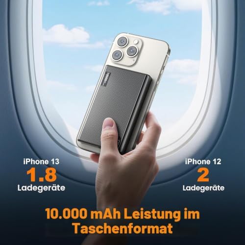Magnetische Powerbank 10000mAh, 15W Kabelloses Magnetic Laden & 20W USB-C Schnellladen, LED-Digitalanzeige, Starker Magnet, kompatibel mit phone 17/16/15/14/13/12 Serie – flugtauglich (Grau)