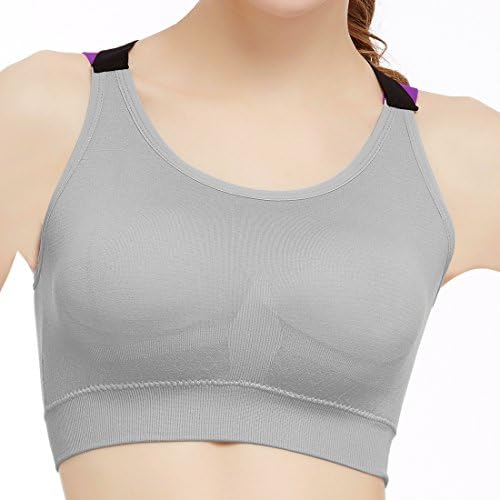 DancingCat Women's Seamles Sports Bra with Removable Pads,Medium Support Strappy Back Energy Sport Bra For Yoga Gray Small