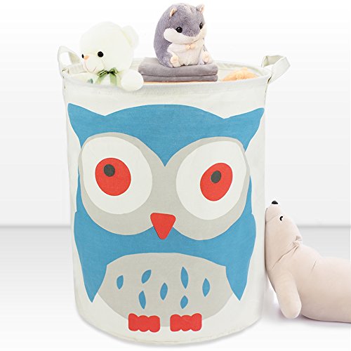 Cotton Canvas Kids Plush Toy Storage Bin, Waterproof Coating Fabric Laundry Bag, Hamper, Collapsible Clothing Basket, Nursery Storage Box, Large Size - iPlay, iLearn(Owl)