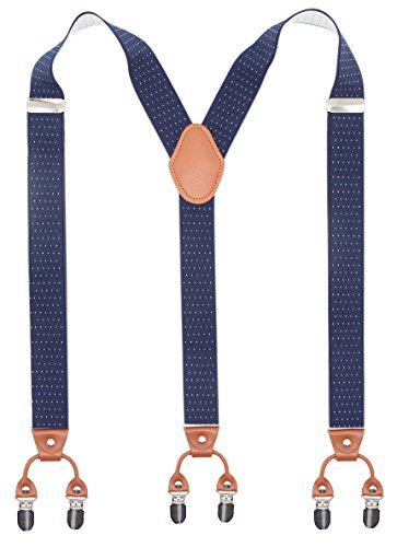 Bioterti Men's Y-Shaped Heavy Duty Suspenders - 6 Metal Clips, Elastic Straps (Navy Dots)