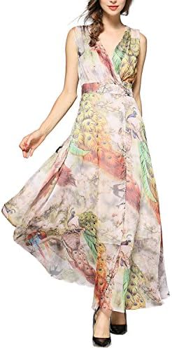 EvelynNY Womens Floral Peacock Evening Casual Split Loose Prom Party Maxi Dress, Beige, XXL