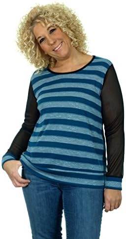 Women's Plus Size Striped Fashion Top with Sheer Long Sleeves (1X, Blue-Blue)