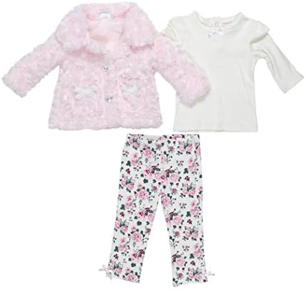 Mini Muffin Baby Girls 3-Piece Faux Fur Jacket Pant Shirt Set, Floral Pink 0-3 Months