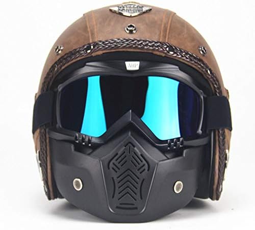 XBECO Helmet Retro Motorcycle Four Seasons Handmade Vintage Half Helmet With Harley Style Goggles+Mask For Men Women(Brown)