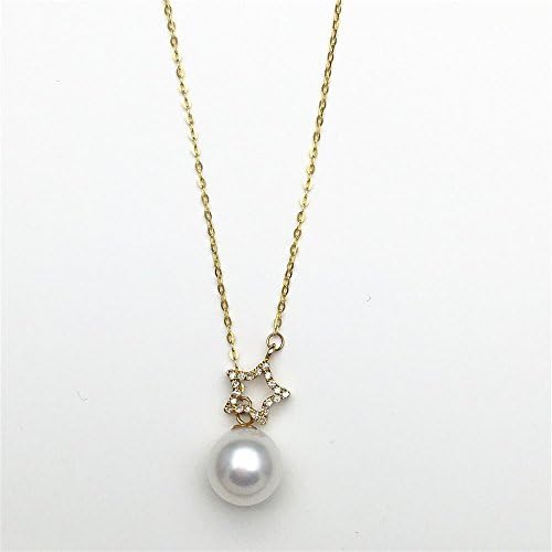 18K Yellow Gold Freshwater Pearl Diamond Necklace White Round Pearl Pendant movable Cute star Necklace 18" inch