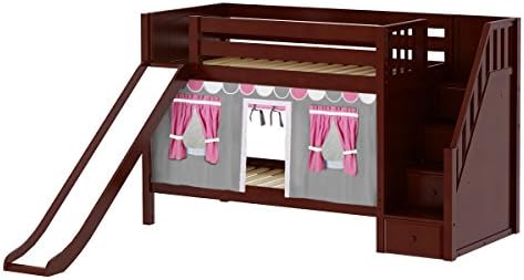 Maxtrix Solid Hardwood Twin/Twin Low Bunk Bed with Storage Staircase Entry, Slide, and Low Bunk Curtains, Chestnut Finish, Pink, White, and Gray Fabric