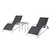 PatioPost Chaise Lounge Outdoor Patio Poolside Textilene Chair 3 Pc Set w/Side Table, Grey