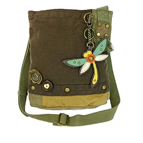 Chala Patch Crossbody, Washed Canvas Handbag, Zipper Top , Animal Prints (Dragonfly - Dark Brown)