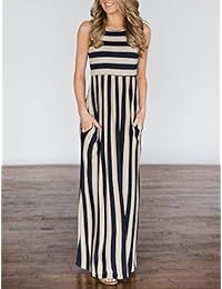 Mirol Mujer, primavera, sin mangas Color de rayas bloque Maxi de alta cintura playa vestido con bolsillos