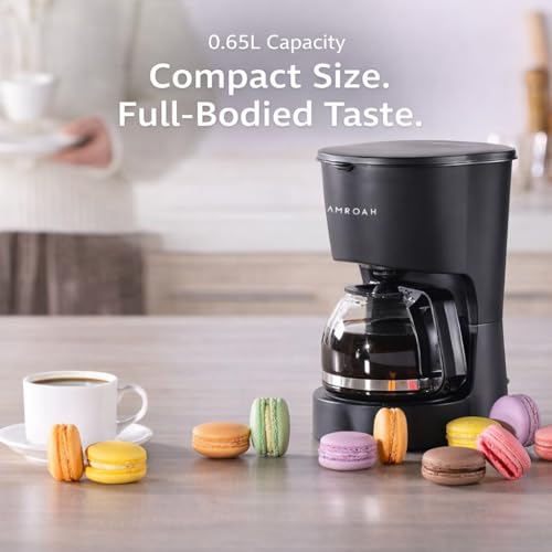 Drip Coffee Maker 650ml, 6 Cup Coffee Maker with Glass Carafe, Reusable Filter Coffee Maker, Auto Shut Off & Keep Warm Function, Compact Coffee Maker Machine 650W, Black