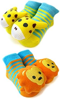 Baby-Unisex Boy or Girl Slippers Socks Animal Booties Lion and Giraffe Yellow Orange and Blue 0-12 Months