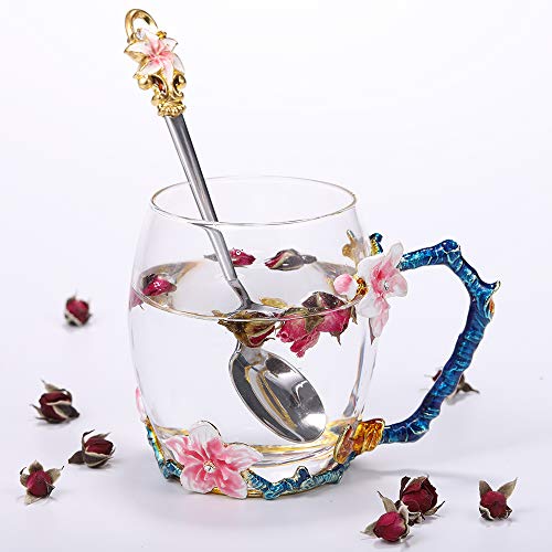 SEMAXE Handmade Glass Cup with Spoon Set and Cloisonne Handle,can be used as Teacup, Coffee Mug, Drinking Cup and Mother's Day, Christmas, Wedding Anniversary, Birthday Gifts(Apricot flower,Pink) - Thumbnail 6