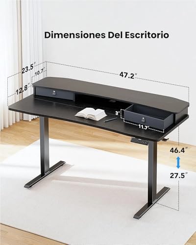 Escritorio Elevable,Escritorio Altura Ajustable con 2 Cajones, Escritorio de Ordenador Ajustable en Altura, Escritorio de Pie para Oficina en Casa con 4 Alturas Preestablecidas y 2 Ganchos(Negro)