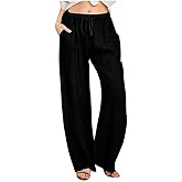 Womens Linen Pants 2026 Trendy Straight Leg Wide Leg Trousers with Drawstring for Casual Lounge Beach