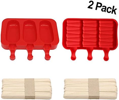 Pack of 2 Cute Ice Pop Silicone Mold 3 Cavities with Lid and 20 Wooden Sticks
