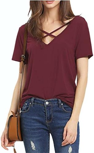 Women Summer Fashion Bandage Sexy V Neck Criss Cross Top Casual Lady Female large size T Shirt