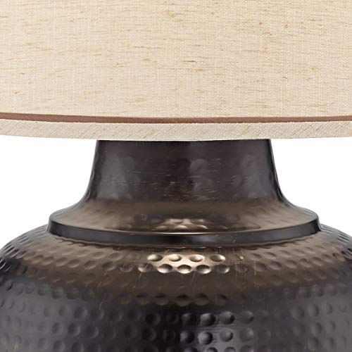 Brighton Rustic Table Lamp Hammered Bronze Metal Pot Beige Linen Drum Shade for Living Room Family Bedroom Nightstand - Barnes and Ivy - Thumbnail 3