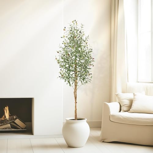 Garvee 180cm Artificial Olive Tree, Faux Plant with Natural Wood Trunks, 1152 UV-Resistant Silk Leaves, White Ceramic Pot with Weighted Base, Farmhouse Floor Decor for Living Room, Entryway, Office