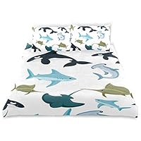 COVOSA Duvet Cover Set Seamless Pattern Hammerhead Blue Shark Sphyrna Decorative 3 Piece Bedding Set with 2 Pillow Shams Soft Bedding Set with Zipper Closure