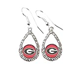 Georgia Bulldogs Red Teardrop Clear Crystal Silver Earrings Womens Jewelry UGA