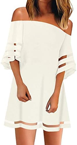 Women Off Shoulder Slash neckMesh Panel Blouse 3/4 Bell Sleeve Loose Top Shirt Dress