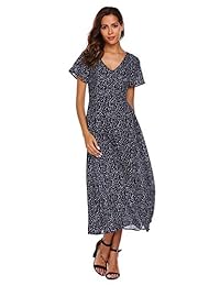 Zeagoo Boho Lunares Manga Corta Cuello En V Casual Verano Fiesta en la playa Chifón Largo Maxi Vestido