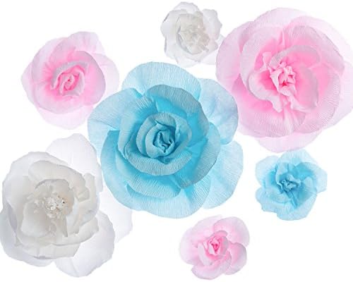 Large Crepe Paper Rose Backdrop,Paper Flowers Decorations,For Baby Nursery,Birthday Party, Wedding Backdrop, Photo Backdrop,Nursery Wall ,Boho Paper Flowers(Pink+White+Blue flower Set Of 7)