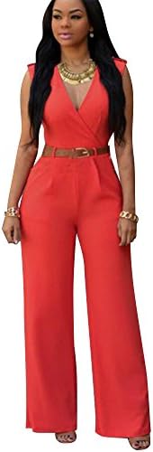 CASUALQA Women's Sexy Plunge V Neck Belted Wide Leg Jumpsuits Dress (2XL, Orange)
