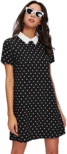 winkstores Contrast Collar Polka Dot Straight Dress Womens Black and White Short Sleeve Casual Summer Womens Dresses