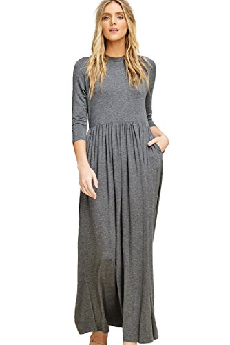 3 4 sleeve empire waist maxi dress Round Neck Long Sleeve Empire Waist Pleated Maxi Dress – Aurohaya main image 1