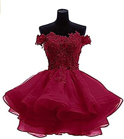 DKBridal Women's Off Shoulder Lace Appliques Homecoming Dresses Organza Short Prom Gown Burgundy 8