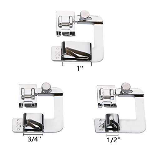 3 PCS Rolled Hem Pressure Foot Sewing Machine Presser Foot Hemmer Foot Set (1/ 2 Inch, 3/ 4 Inch, 1 Inch) And 1 PCS Snap-on Adjustable Bias Binder Foot Fit For Most Low Shank Sewing Machines, Aunifun