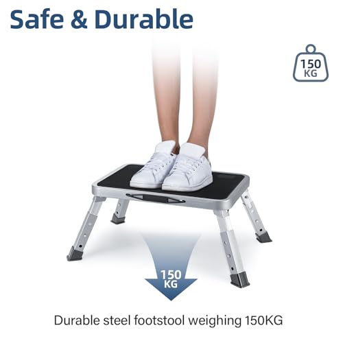 Folding Steel Stool, Portable Folding Stool with Non-Slip Thick Rubber Step, 150 kg Load-bearing, 3 Steps Folding Ladder for Camper, Kitchen, Office