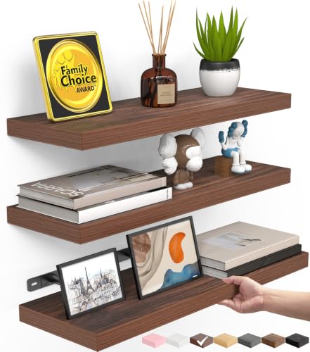 BAYKA Walnut-Like Floating Shelves 15.7in, 3 Pack, Wall Mounted Wall Decor