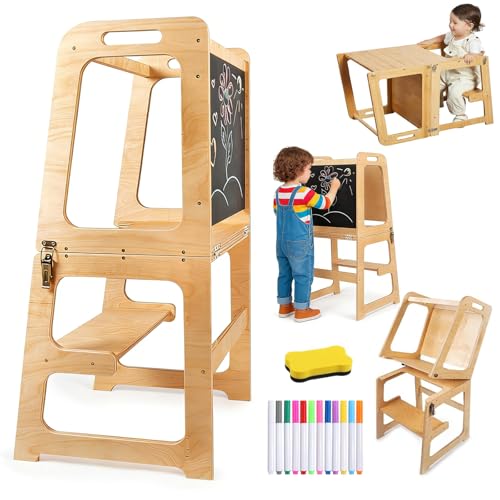 YISHEN 4In1 Torre de Aprendizaje Montessori,Torre Montessori para Niños Antideslizante,Torre de Aprendizaje con Tablero Blanco y Negro,Ajustable en Altura,con Pincel y Borrador,para Niños de 1a3 Años