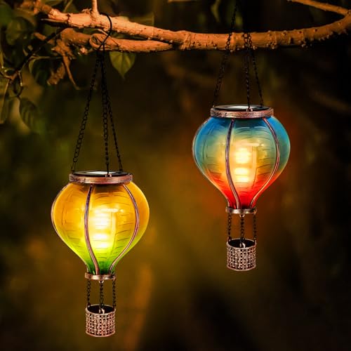 IEEILULU 2 x Solar Hot Air Balloons, Garden Decoration for Outdoor Use with Decorative Flame Effect, Lightzone Solar LED Hot Air Balloon, Solar Lantern for Outdoor Patio, Balcony, Stake Path, Lawn
