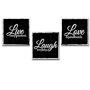 Live Laugh Love - 3 Piece Canvas Print - Wall Art Art - Gallery Wrap Panels on Wooden Stretcher Bars - Colorful Design for Home - Beautiful Quote - Ready to Hang Black and White
